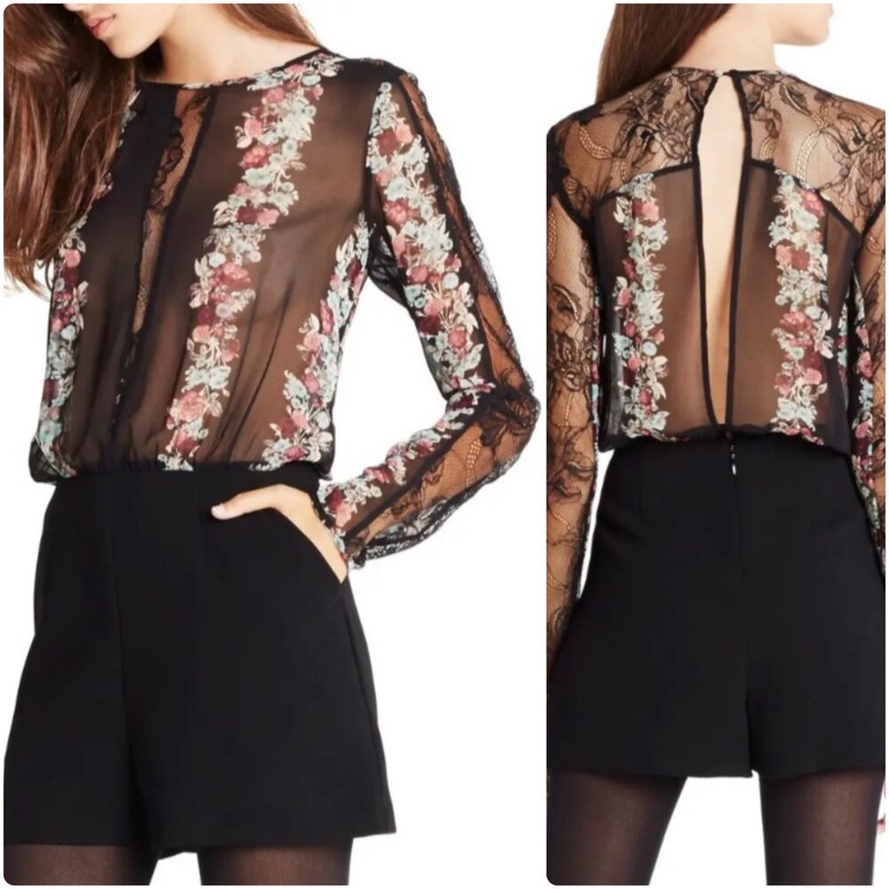 BCBGeneration Sheer Floral Dressy Romper size 0 Black Sheer and Lace